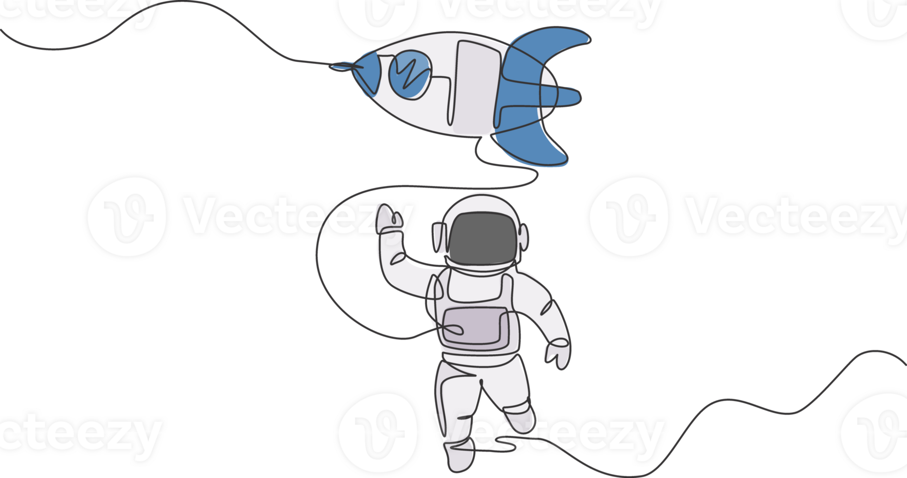 een single lijn tekening van astronaut in ruimtepak golvend hand- en ontdekken diep ruimte met raket ruimteschip illustratie. verkennen buitenste ruimte concept. modern doorlopend lijn trek ontwerp png