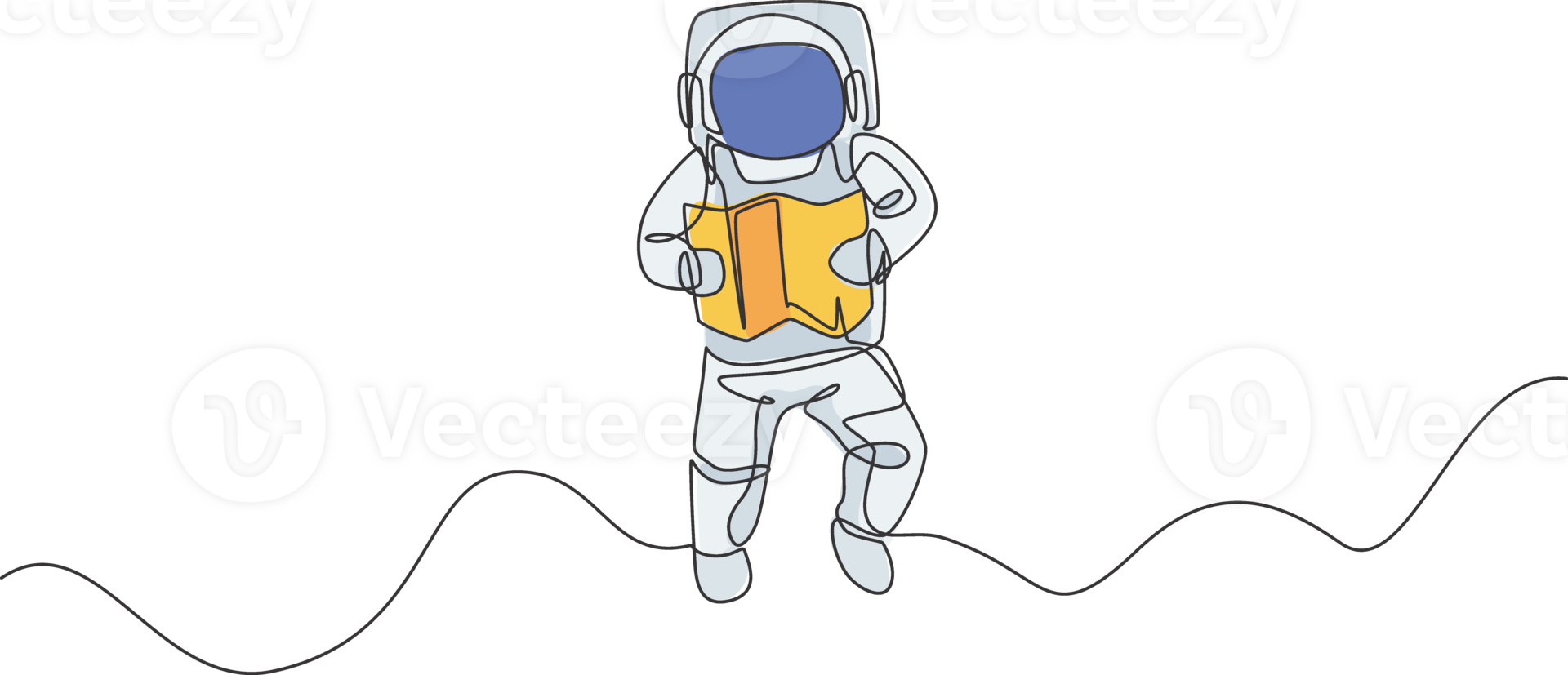Single continuous line drawing floating science astronaut in spacewalk reading map navigator. Fantasy deep space exploration, fiction concept. Trendy one line draw design graphic illustration png