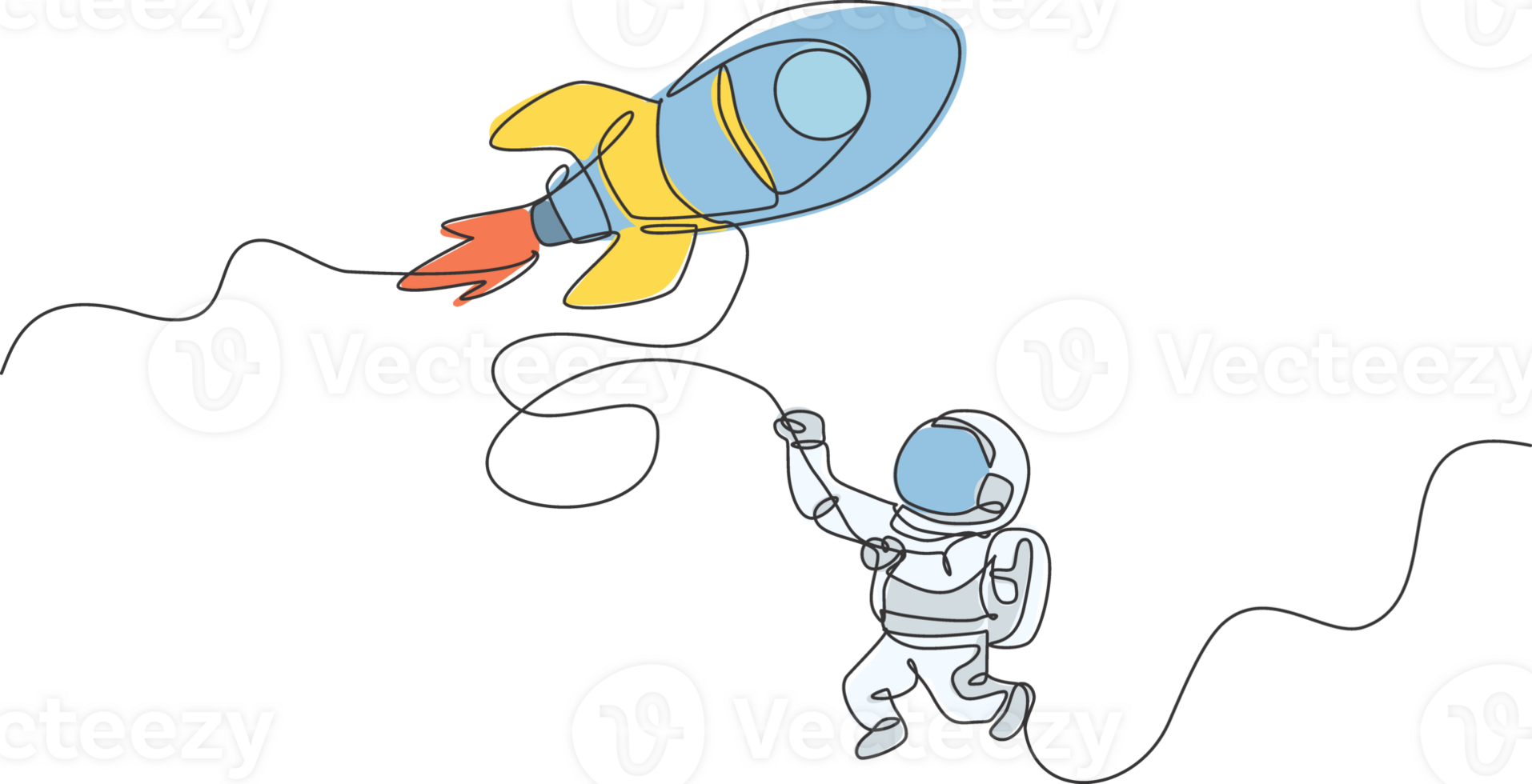 One single line drawing astronaut in spacesuit floating and discovering deep space with rocket spaceship illustration. Exploring outer space concept. Modern continuous line draw graphic design png