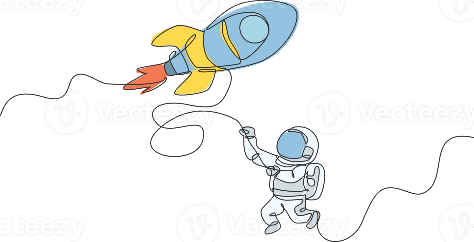 1 solteiro linha desenhando astronauta dentro traje espacial flutuando e descobrindo profundo espaço com foguete nave espacial ilustração. explorando exterior espaço conceito. moderno contínuo linha desenhar gráfico Projeto png