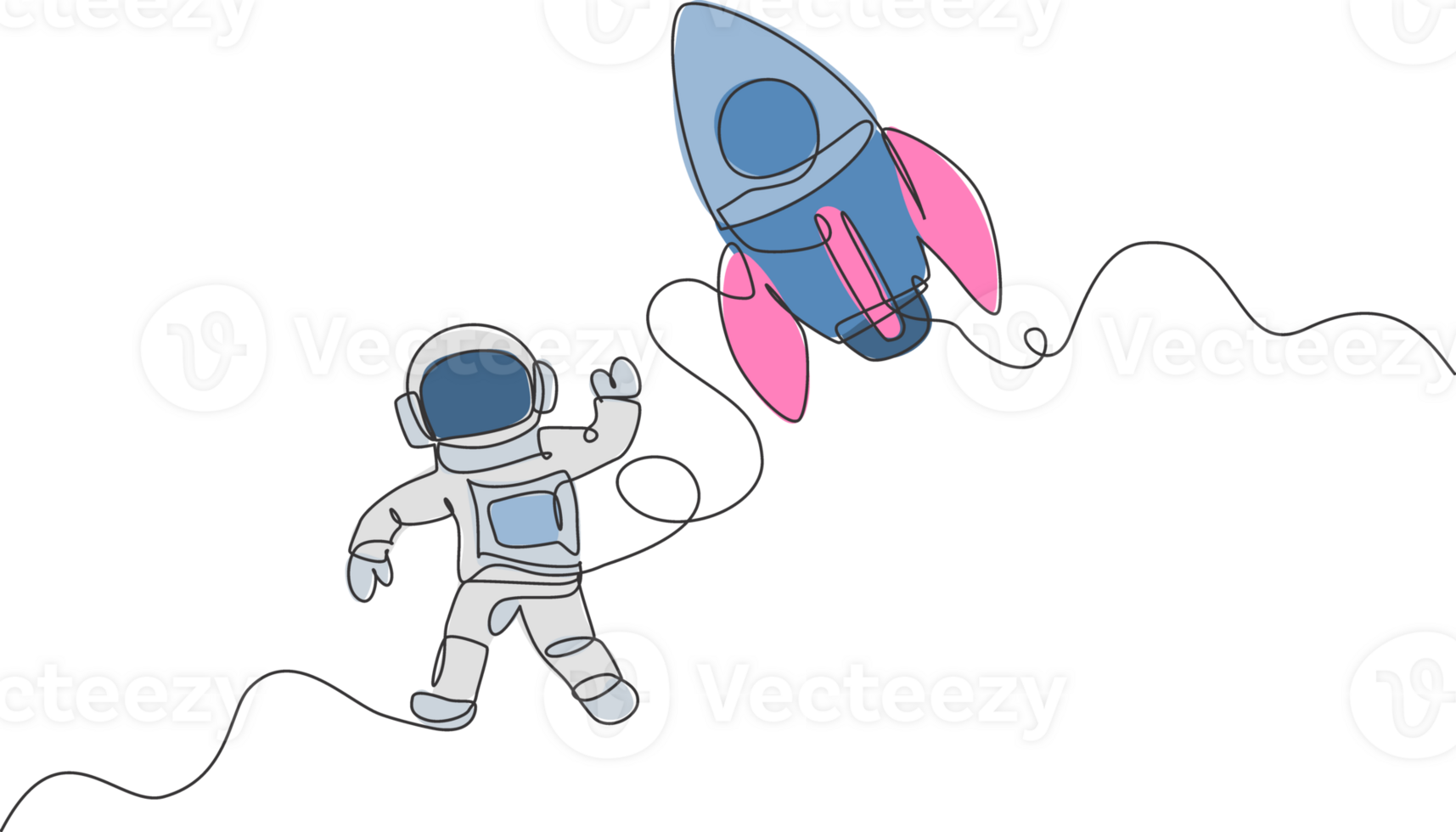 Single continuous line drawing of astronaut in spacesuit flying at outer space with rocket spacecraft. Science milky way astronomy concept. Trendy one line draw graphic design illustration png