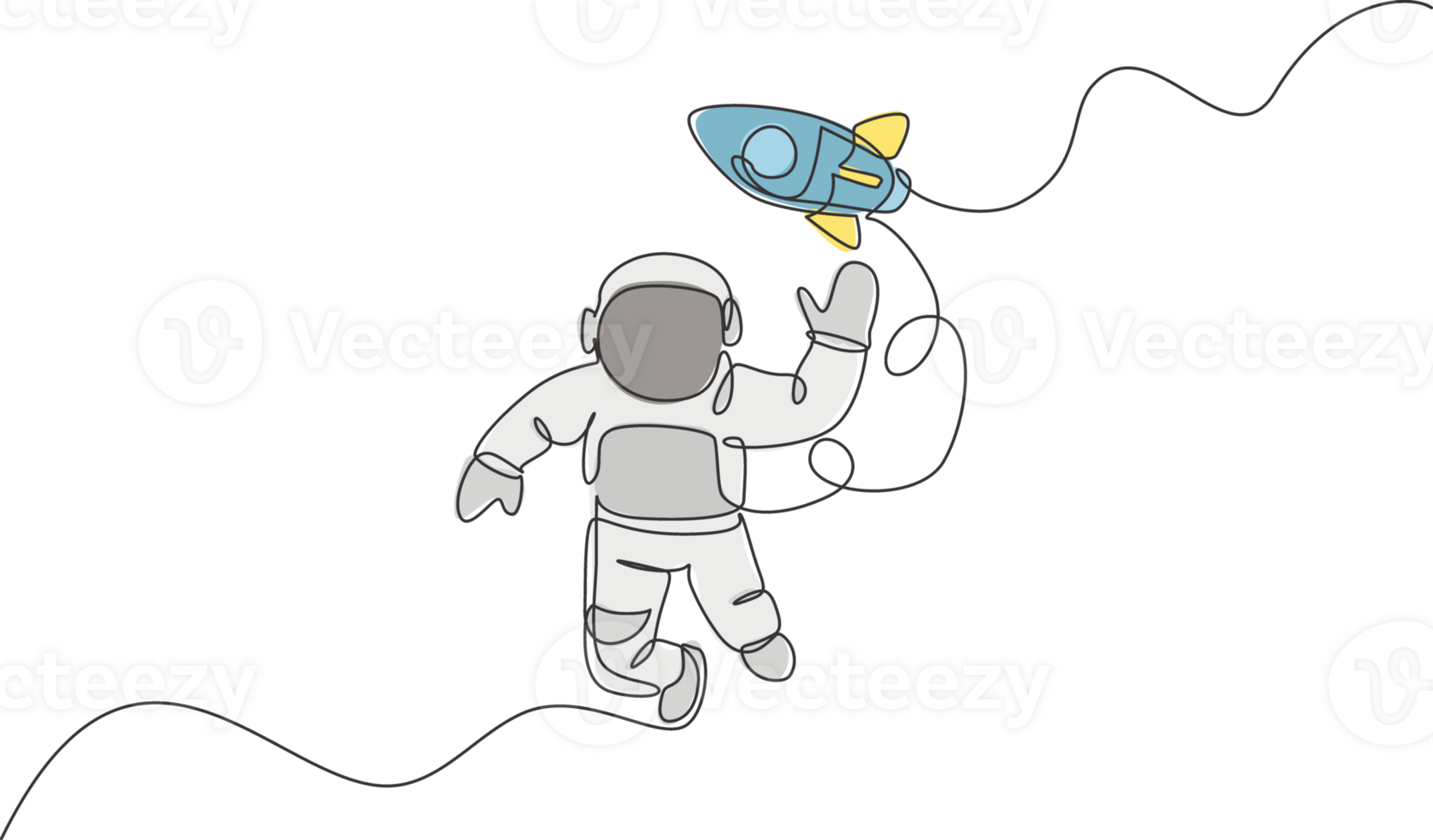 One continuous line drawing of waving hand spaceman astronaut science discovering cosmos galactic with rocket. Cosmonaut in outer space concept. Dynamic single line draw design illustration png