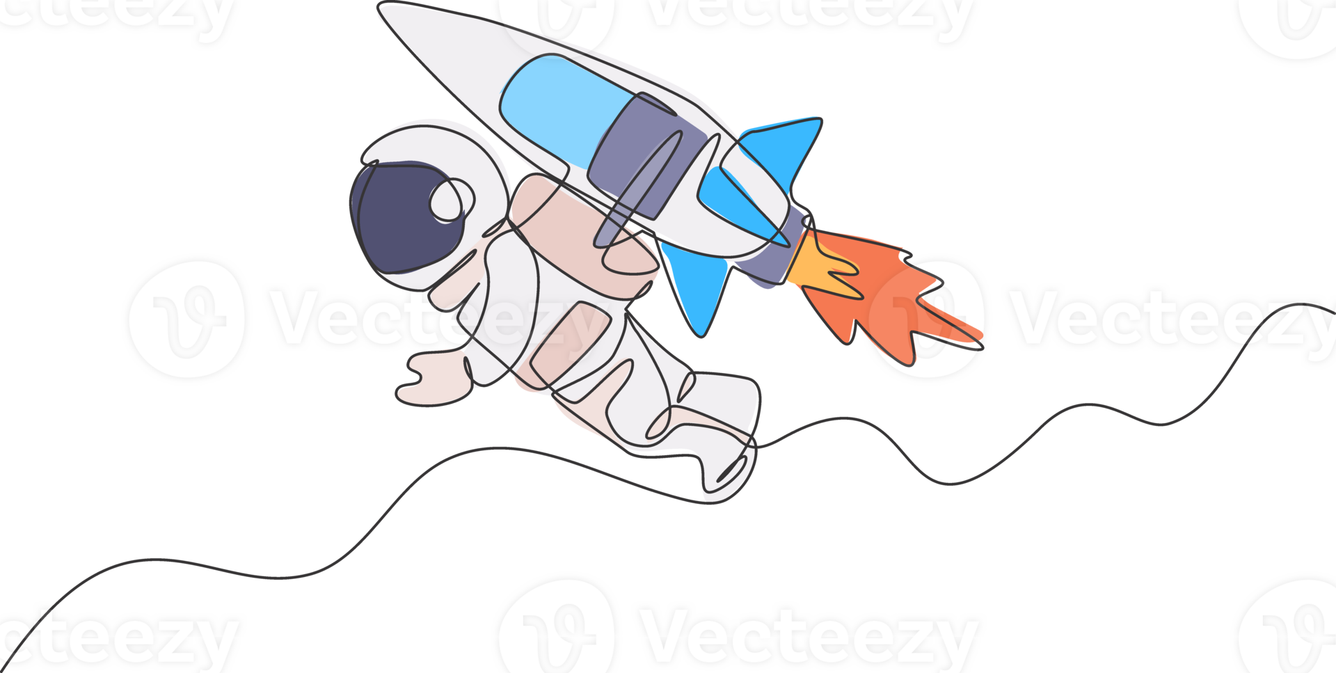 Single continuous line drawing astronaut in spacesuit flying at outer space with jetpack rocket spacecraft. Science milky way astronomy concept. Trendy one line draw design illustration graphic png