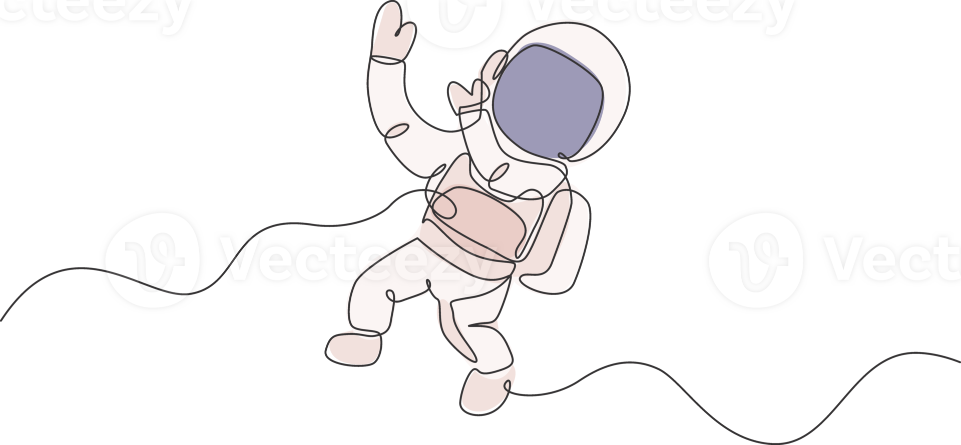 Single continuous line drawing of young cosmonaut scientist discovering spacewalk universe in vintage style. Astronaut cosmic traveler concept. Trendy one line draw graphic design illustration png
