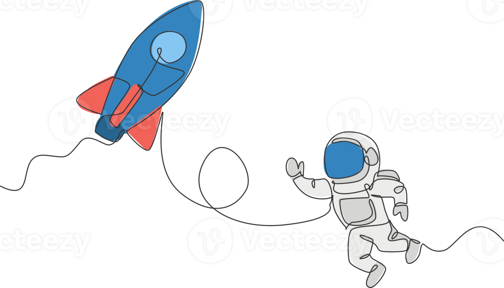soltero continuo línea dibujo de astronauta en traje espacial volador a exterior espacio con cohete astronave. Ciencias lechoso camino astronomía concepto. de moda uno línea dibujar gráfico diseño ilustración png