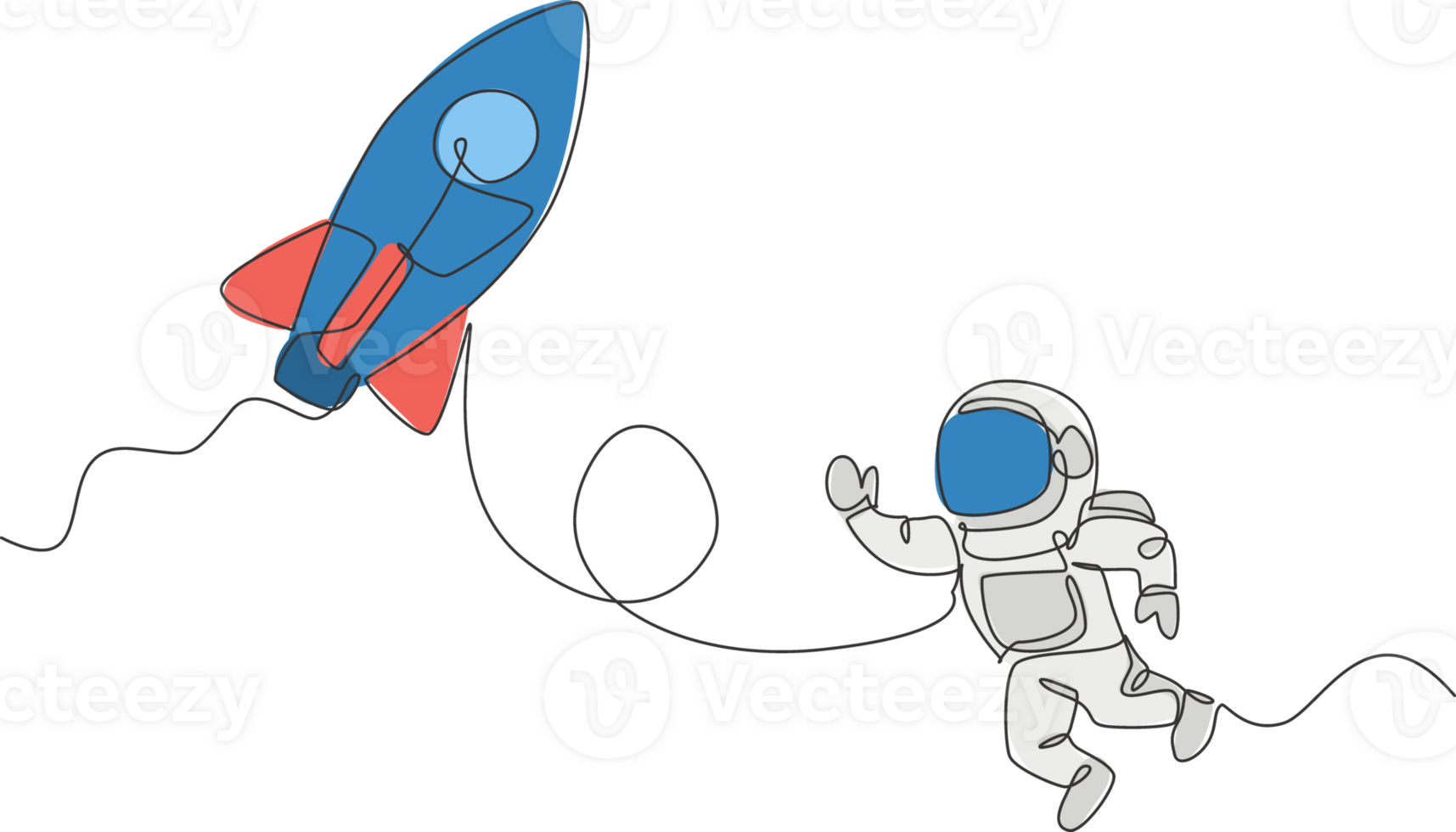 Single continuous line drawing of astronaut in spacesuit flying at outer space with rocket spacecraft. Science milky way astronomy concept. Trendy one line draw graphic design illustration png