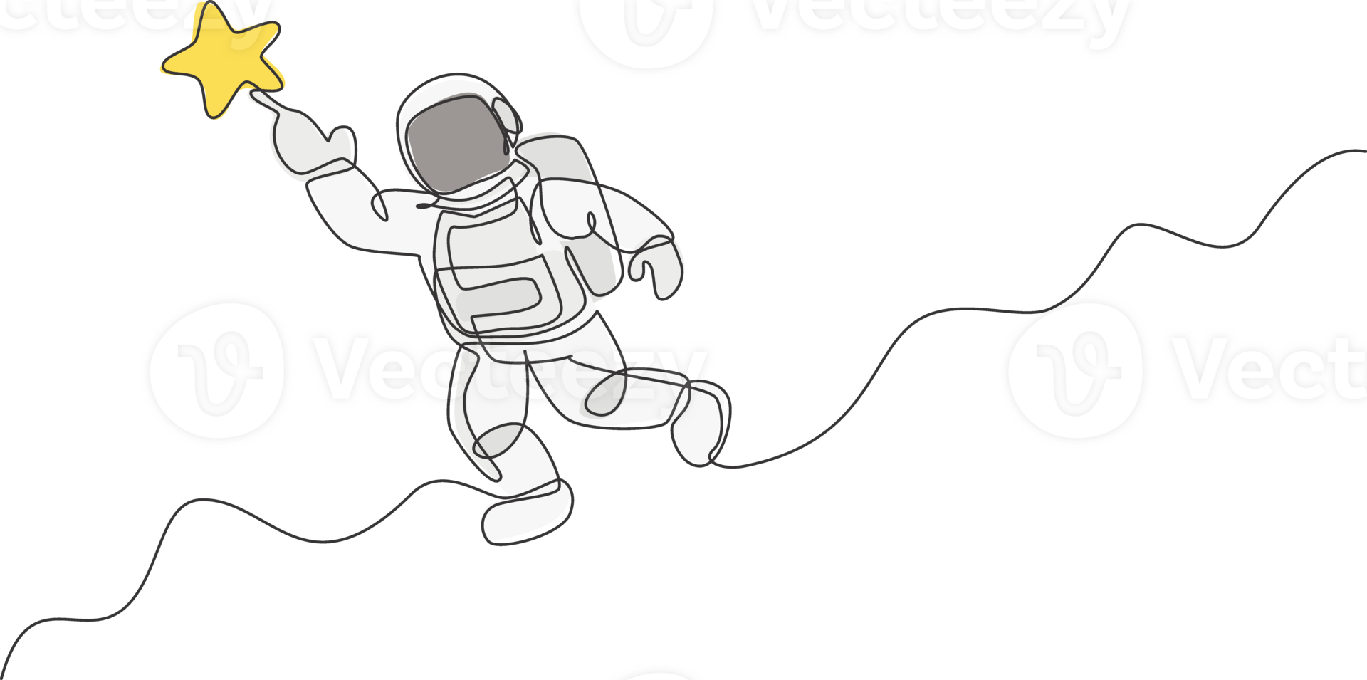 One continuous line drawing of cosmonaut exploring outer space. Astronaut reaching flying star. Fantasy cosmic galaxy discovery concept. Dynamic single line draw graphic design illustration png