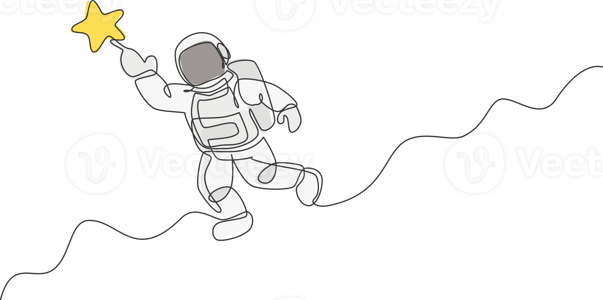 ett kontinuerlig linje teckning av kosmonaut utforska yttre Plats. astronaut nå flygande stjärna. fantasi kosmisk galax upptäckt begrepp. dynamisk enda linje dra grafisk design illustration png