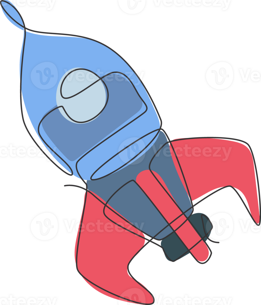 Single continuous line drawing rocket launch fly into the sky universe. Vintage spacecraft rocketship. Simple retro outer space vehicle concept. Trendy one line draw graphic design illustration png