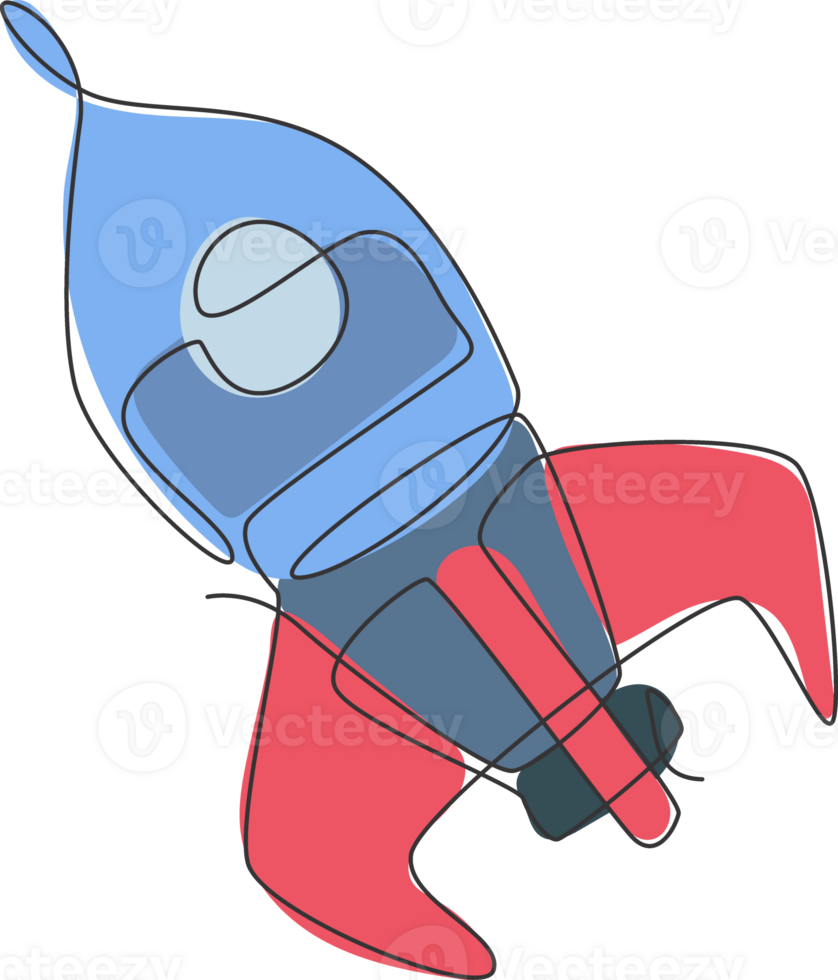 Célibataire continu ligne dessin fusée lancement mouche dans le ciel univers. ancien vaisseau spatial fusée. Facile rétro extérieur espace véhicule concept. branché un ligne dessiner graphique conception illustration png