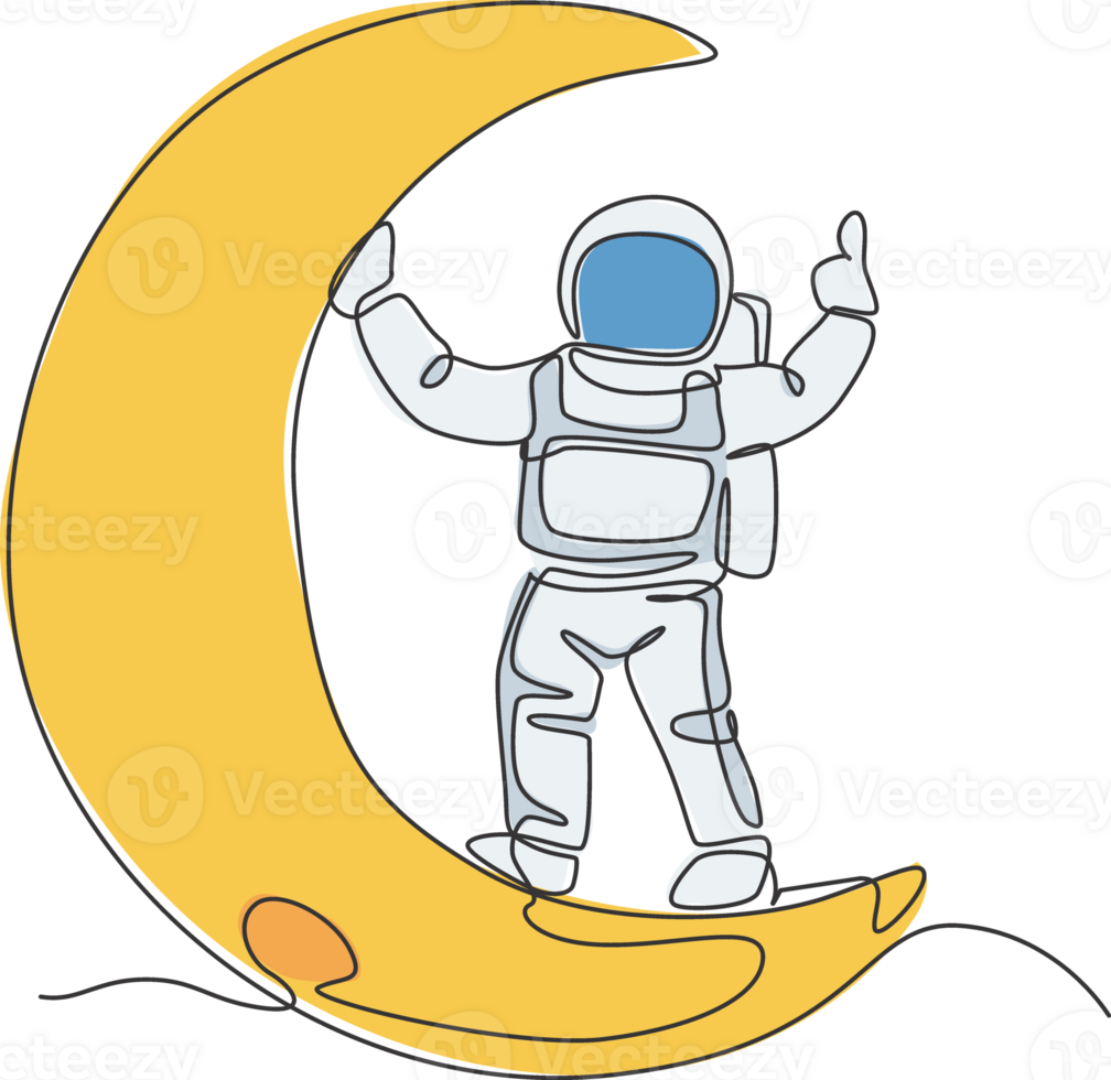 One continuous line drawing cosmonaut exploring outer space. Astronaut standing on crescent moot. Fantasy cosmic galaxy discovery concept. Dynamic single line draw design graphic illustration png