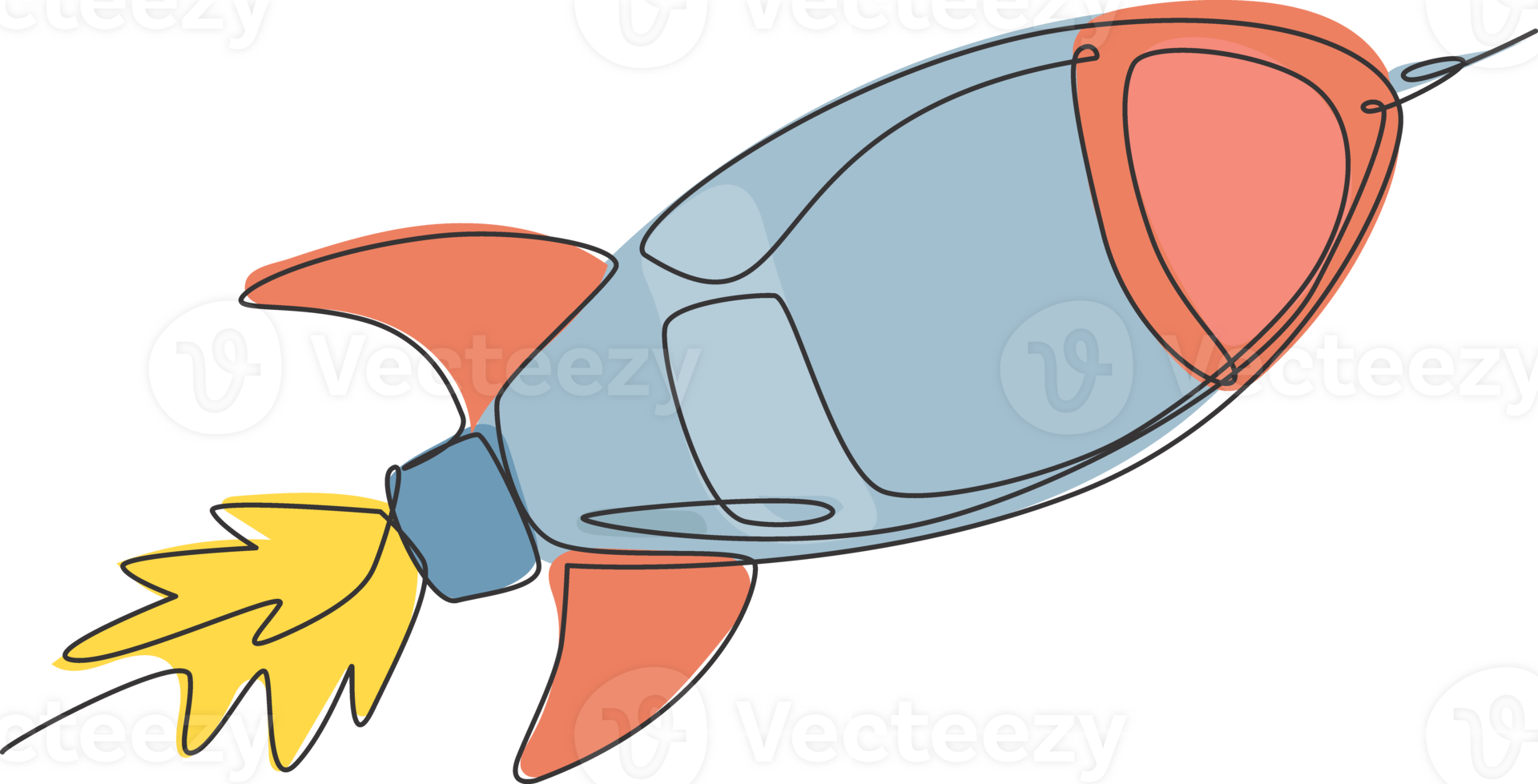 One continuous line drawing of simple retro spacecraft flying up to the outer space nebula. Rocket space ship launch into universe concept. Dynamic single line draw design graphic illustration png