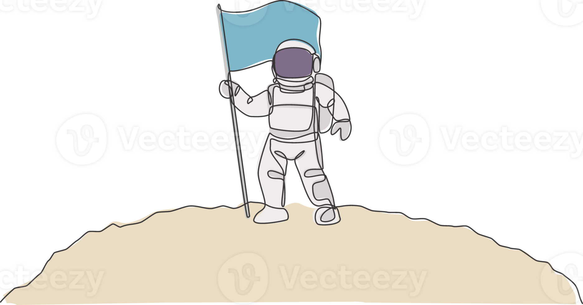 One single line drawing of space man astronaut exploring moon surface and planting the flag to mark it illustration. Fantasy outer space life fiction concept. Modern continuous line draw design png