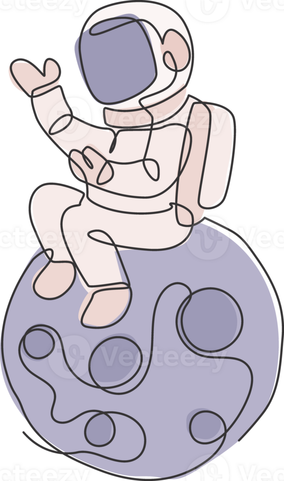 One continuous line drawing of cosmonaut exploring outer space. Astronaut sitting on full moon. Fantasy cosmic galaxy discovery concept. Dynamic single line draw design graphic illustration png