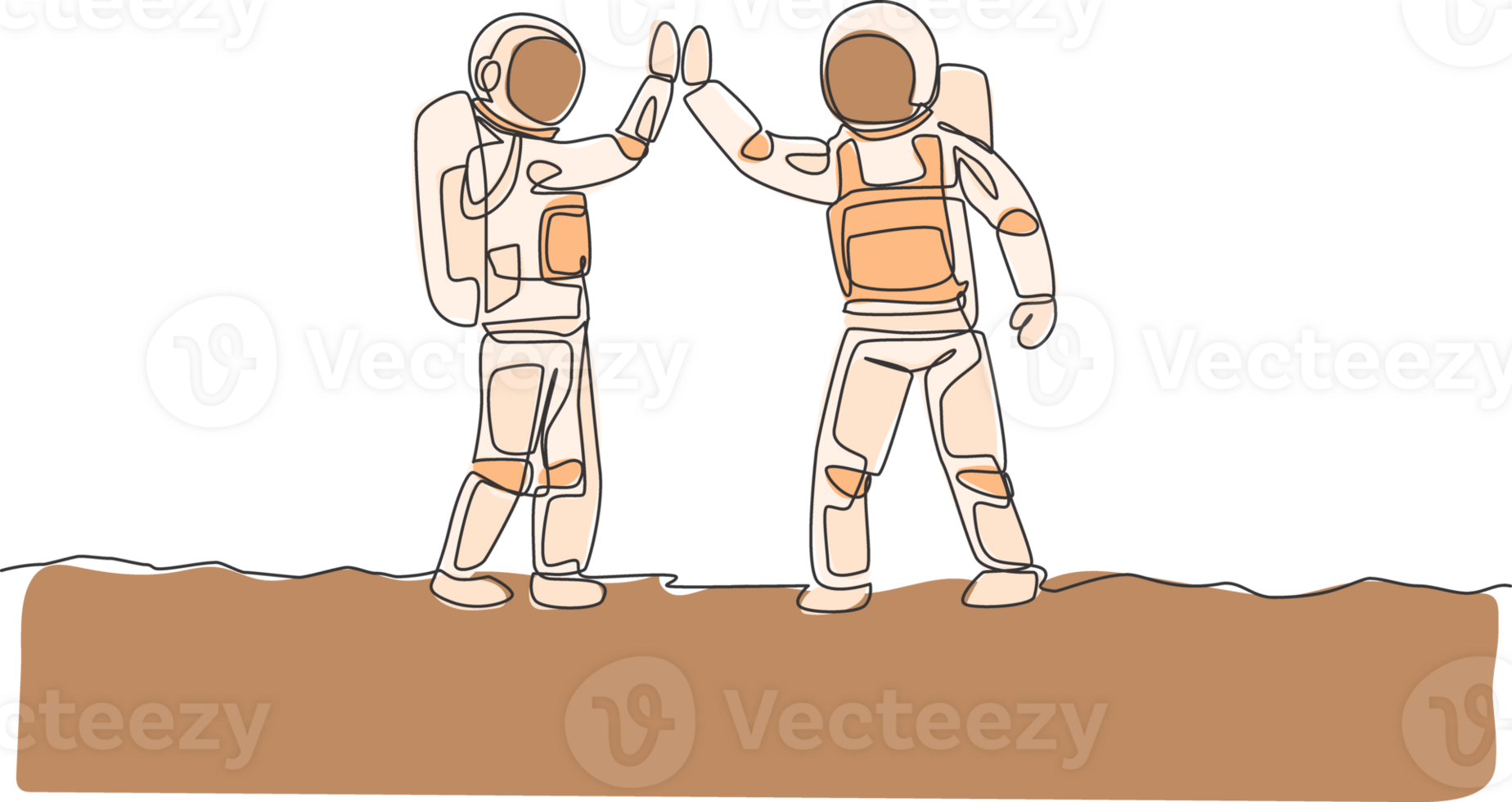 One single line drawing of two young happy astronauts gave high five while meeting on the street in moon surface vector illustration. Cosmonaut outer space concept. Modern continuous line draw design png