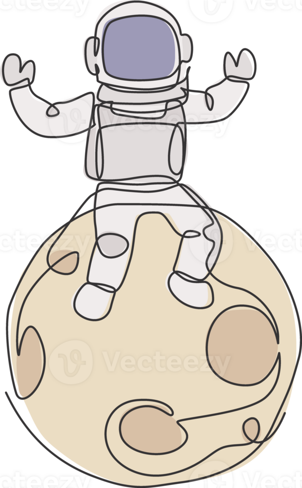 Single continuous line drawing of floating science astronaut in spacewalk and sitting on full moon. Fantasy deep space exploration, fiction concept. Trendy one line draw design illustration png