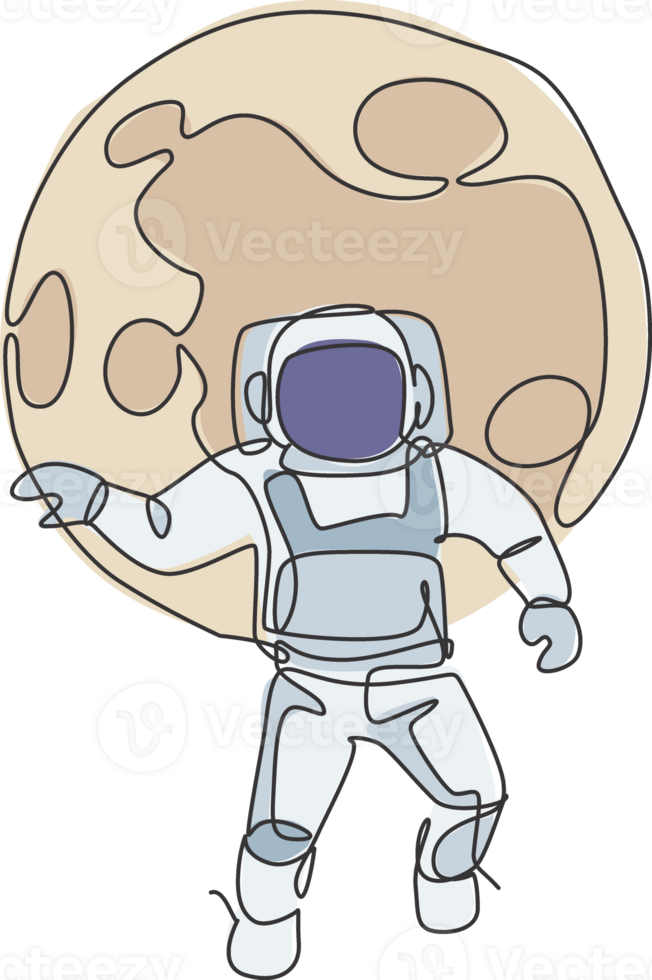 One single line drawing of space man astronaut exploring cosmic galaxy, flying in front of full moon illustration. Fantasy outer space life fiction concept. Modern continuous line draw design png