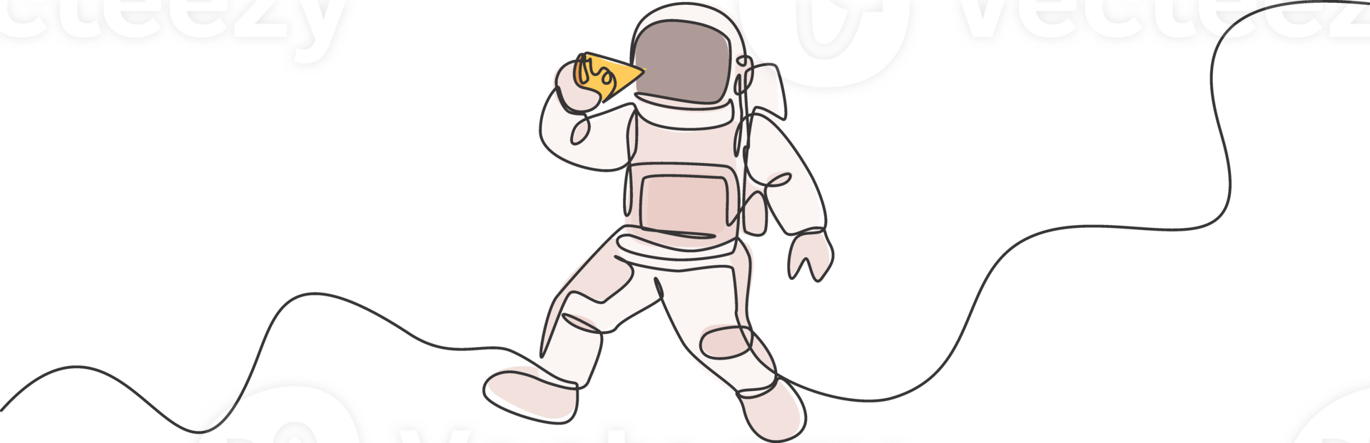 uno continuo línea dibujo cosmonauta comiendo delicioso Fresco italiano Pizza en galáctico universo. fantasía exterior espacio astronauta vida concepto. dinámica soltero línea dibujar diseño gráfico ilustración png