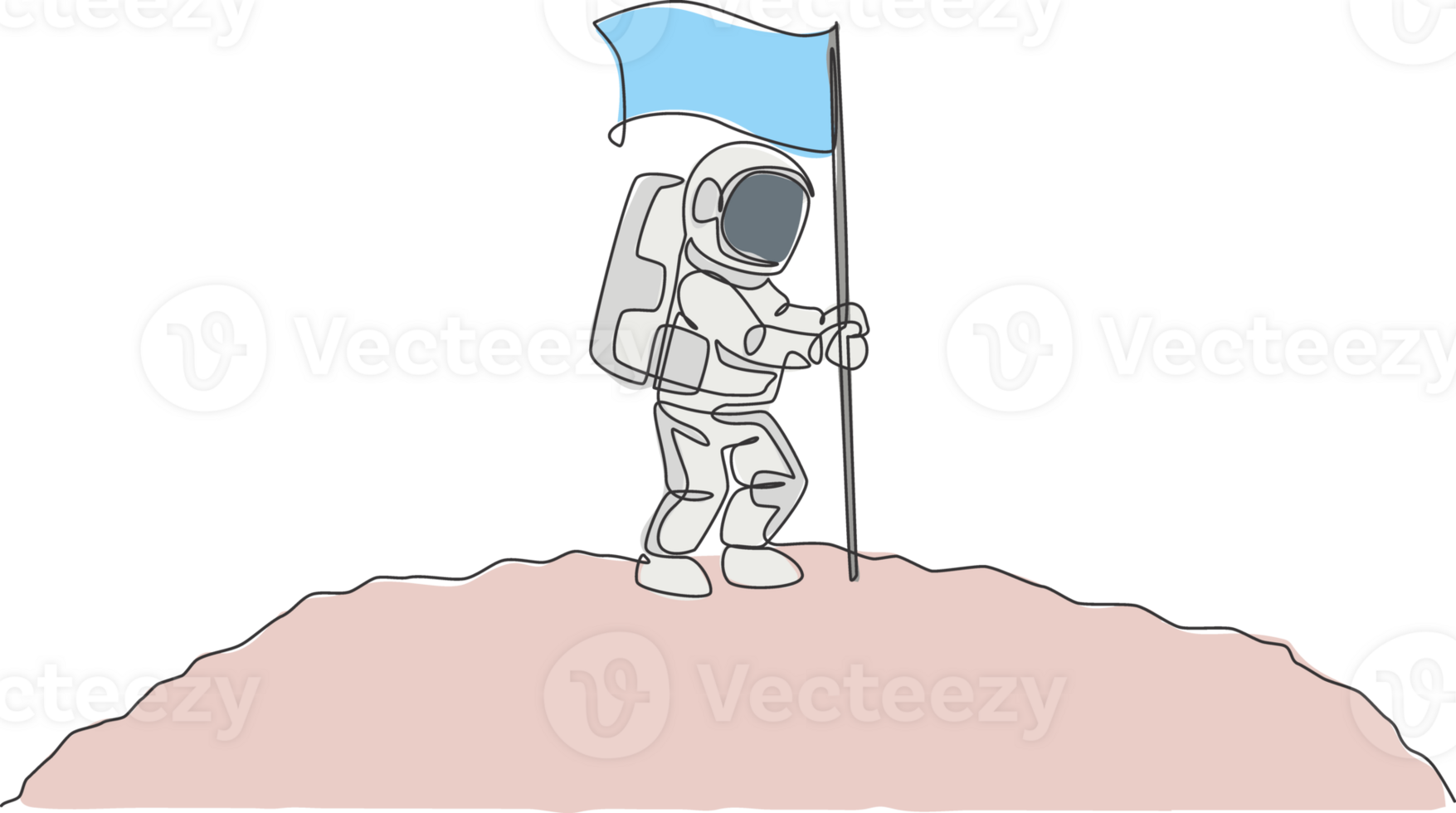 One single line drawing of space man astronaut exploring cosmic galaxy, and planting flag on moon surface illustration. Fantasy outer space life fiction concept. Continuous line draw design png