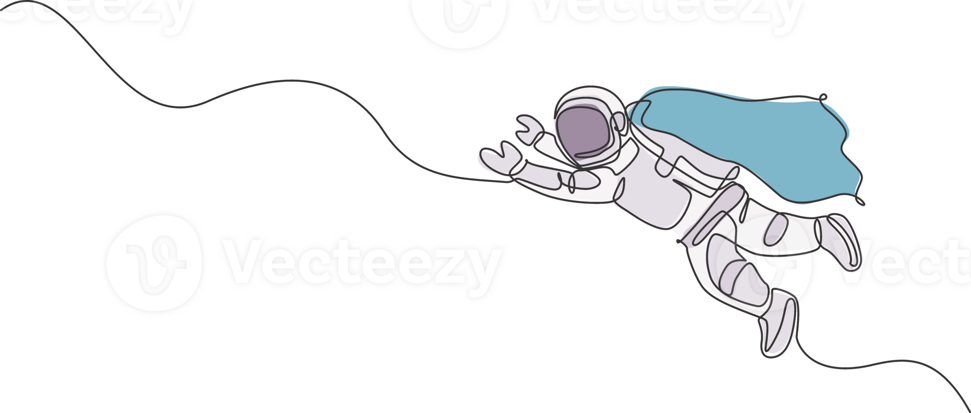 Single continuous line drawing floating science astronaut in spacewalk fly wearing wing suit. Fantasy deep space exploration, fiction concept. Trendy one line draw design graphic illustration png