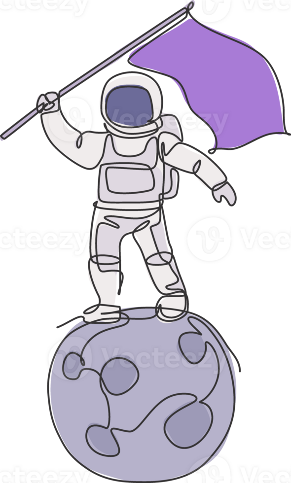 One continuous line drawing of cosmonaut exploring outer space. Astronaut waving flag while standing on full moon. Fantasy cosmic galaxy discovery concept. Single line draw design illustration png