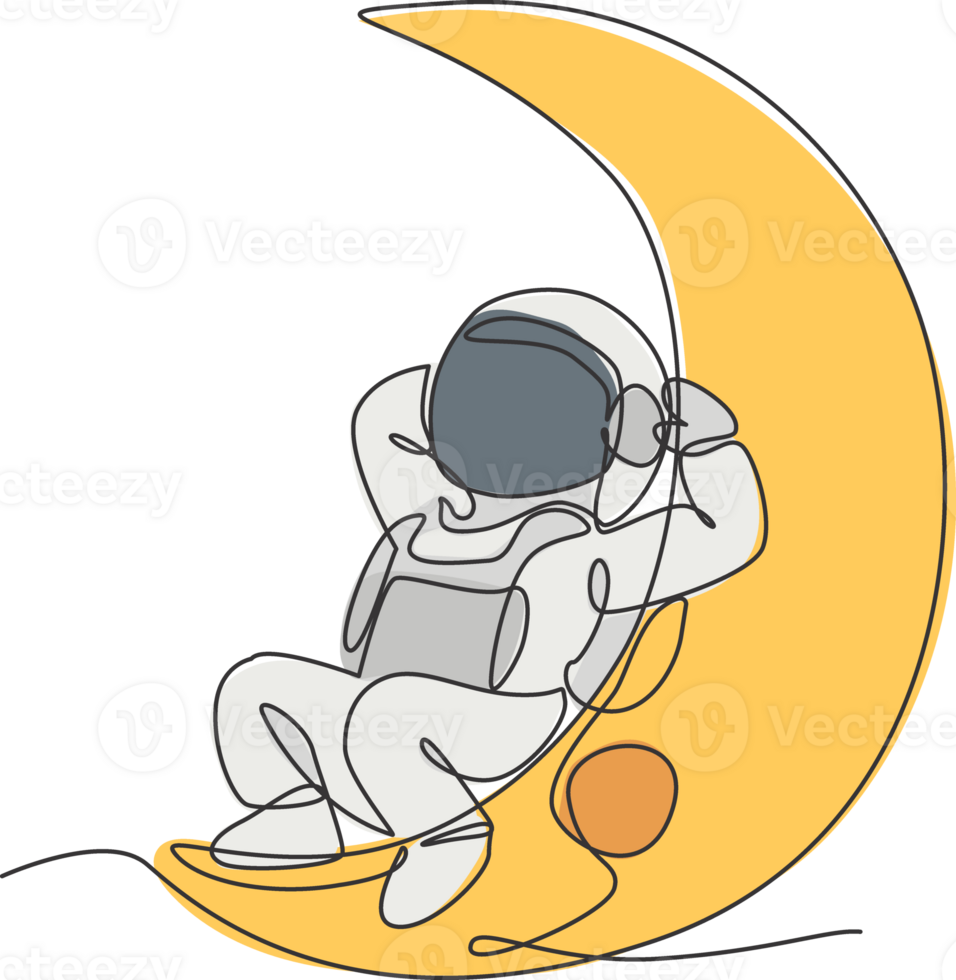 One single line drawing of space man astronaut exploring cosmic galaxy, leaning relax on crescent moon illustration. Fantasy outer space life fiction concept. Modern continuous line draw design png