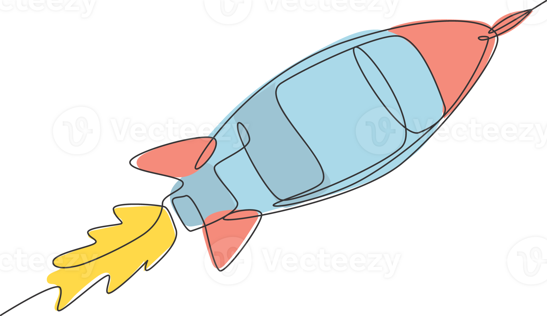 One single line drawing of simple vintage rocket takes off into the outer space graphic