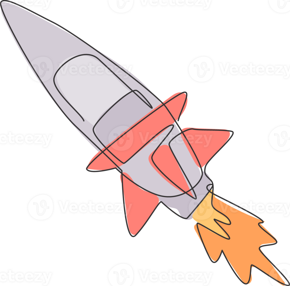 One continuous line drawing of simple retro spacecraft flying up to the outer space nebula. Rocket space ship launch into universe concept. Dynamic single line draw design graphic illustration png
