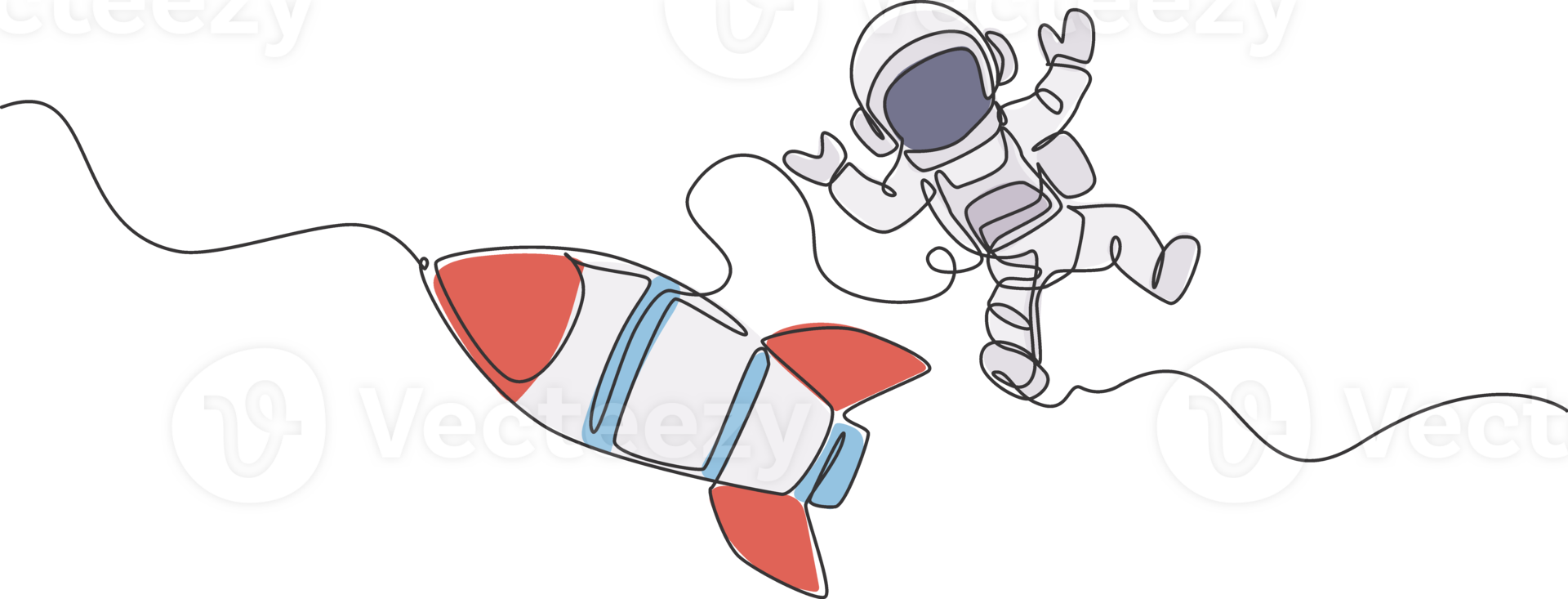 Single continuous line drawing of astronaut in spacesuit flying at outer space with rocket spacecraft. Science milky way astronomy concept. Trendy one line draw design graphic illustration png