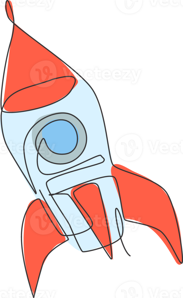 solteiro contínuo linha desenhando foguete lançamento mosca para dentro a céu universo. vintage nave espacial foguete. simples retro exterior espaço veículo conceito. na moda 1 linha desenhar Projeto gráfico ilustração png