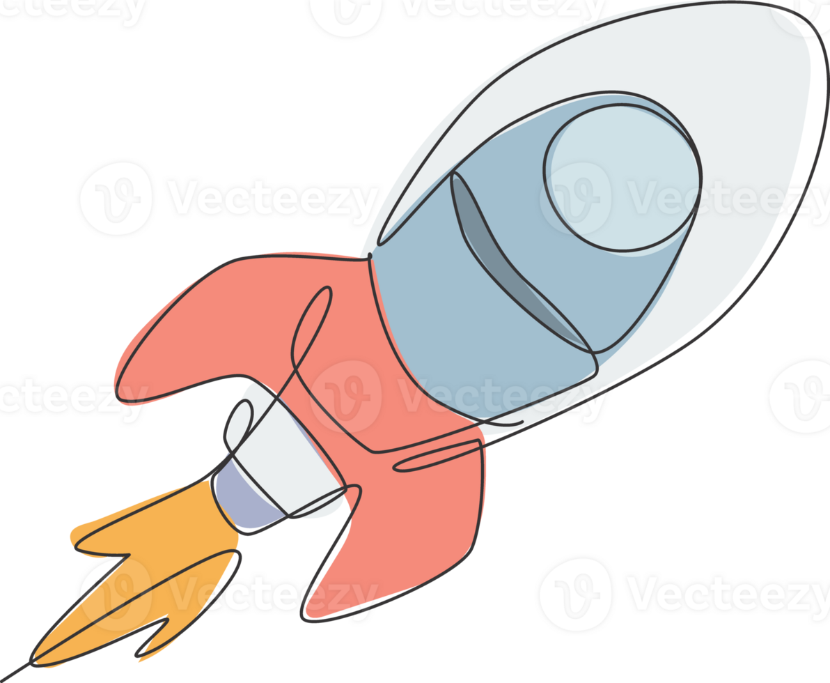One continuous line drawing of simple retro spacecraft flying up to the outer space nebula. Rocket space ship launch into universe concept. Dynamic single line draw graphic design illustration png