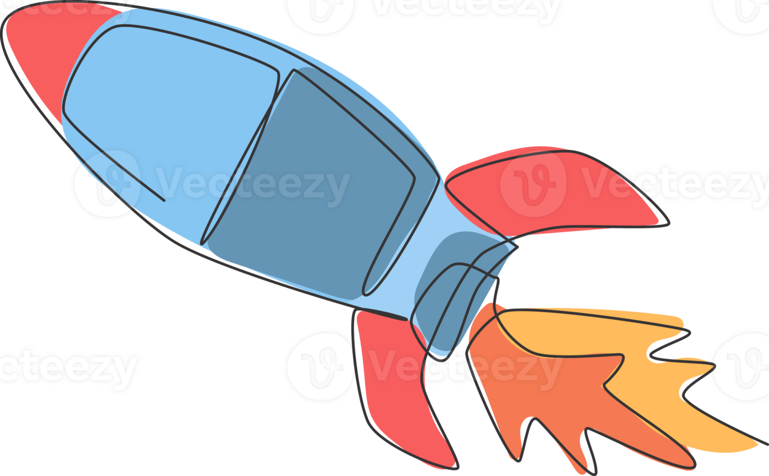 soltero continuo línea dibujo cohete lanzamiento mosca dentro el cielo universo. Clásico astronave cohete espacial. sencillo retro exterior espacio vehículo concepto. de moda uno línea dibujar diseño gráfico ilustración png