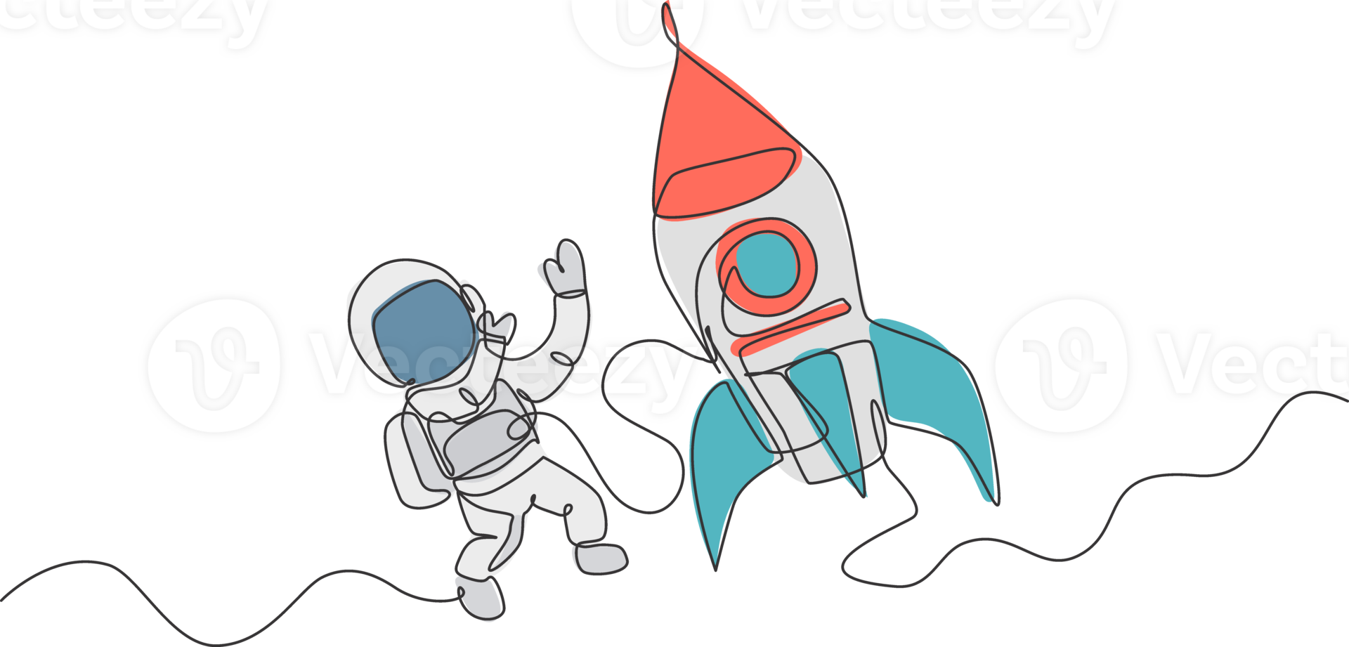One continuous line drawing of spaceman astronaut science discovering cosmos galactic with rocket. Cosmonaut exploration of outer space concept. Dynamic single line draw design illustration png