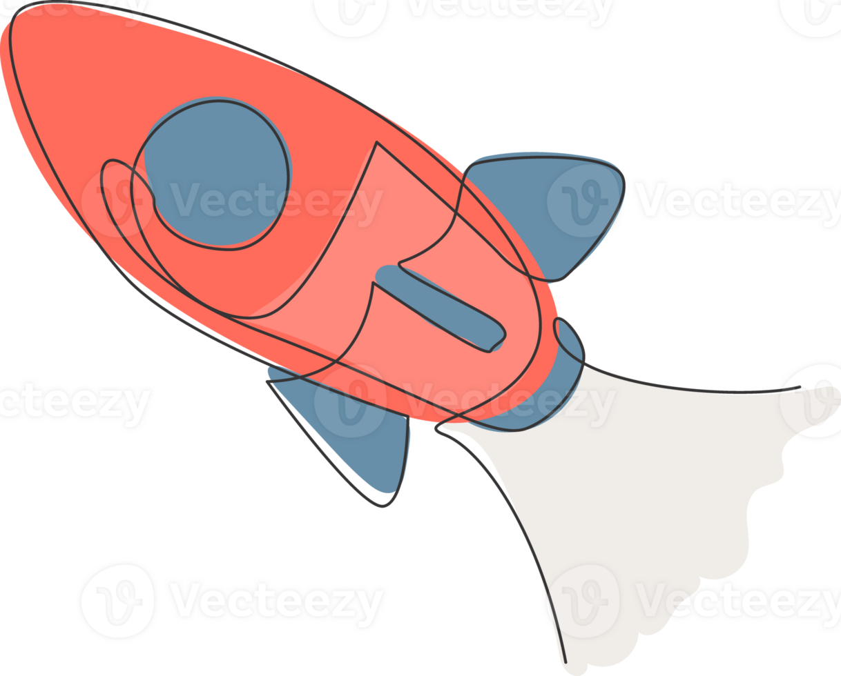 soltero continuo línea dibujo cohete lanzamiento mosca dentro el cielo universo. Clásico astronave cohete espacial. sencillo retro exterior espacio vehículo concepto. de moda uno línea dibujar diseño ilustración gráfico png