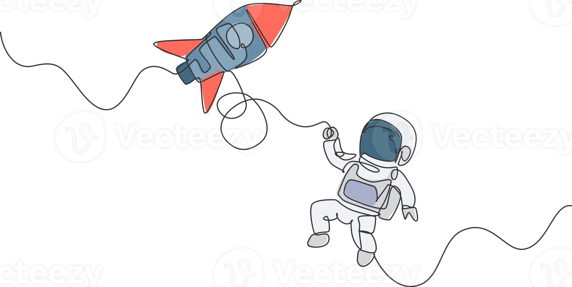 1 solteiro linha desenhando do astronauta dentro traje espacial flutuando e descobrindo profundo espaço com foguete nave espacial ilustração. explorando exterior espaço conceito. moderno contínuo linha desenhar Projeto png