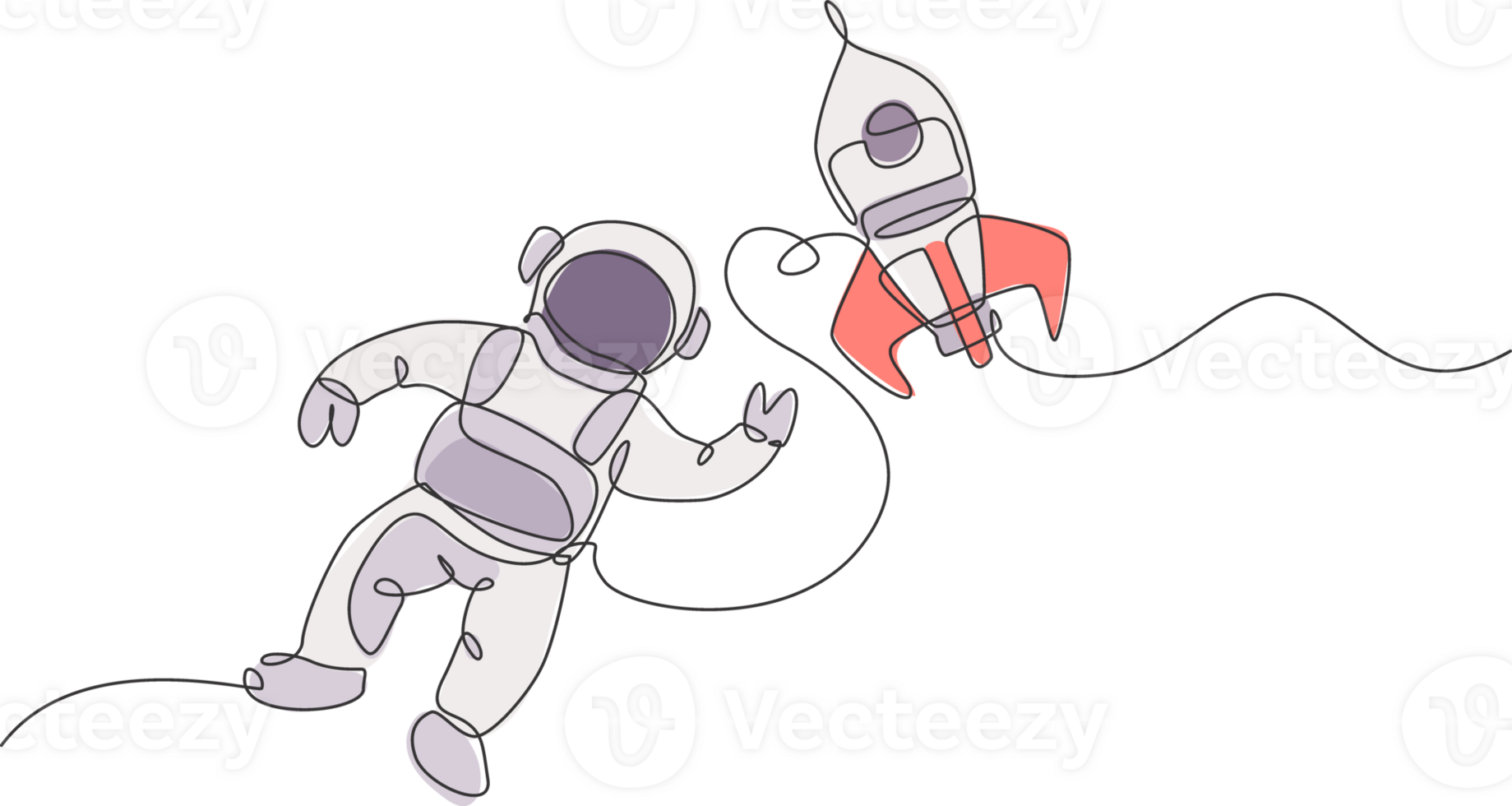 een single lijn tekening van astronaut in ruimtepak drijvend en ontdekken diep ruimte met raket ruimteschip illustratie. verkennen buitenste ruimte concept. modern doorlopend lijn trek ontwerp png