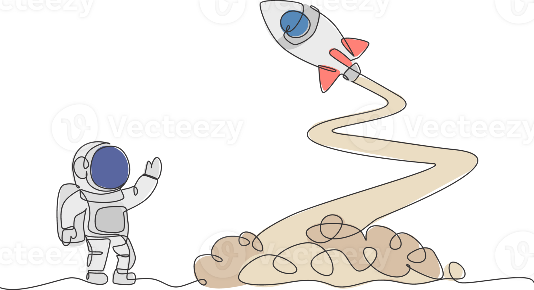 One continuous line drawing of spaceman astronaut science on moon waving hand to launching rocket. Cosmonaut exploration of outer space concept. Dynamic single line draw design illustration png