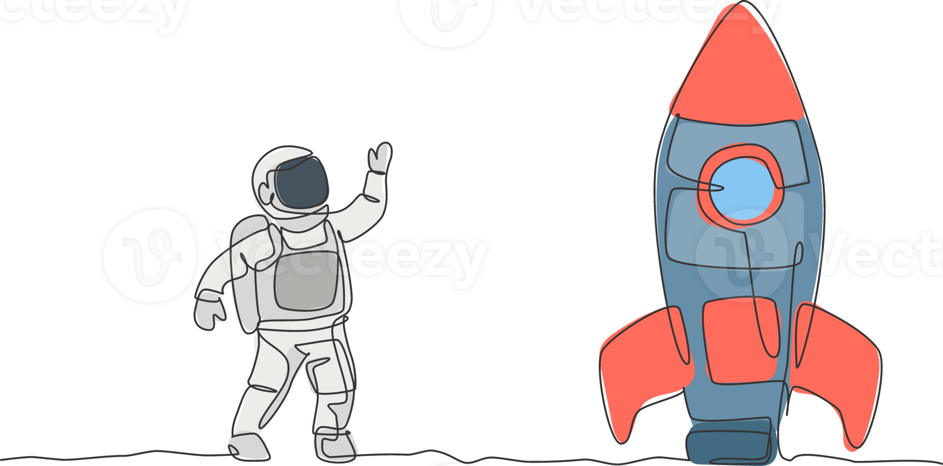 Single continuous line drawing of astronaut in spacesuit waving hand and saying good bye to the rocket spacecraft. Science milky way astronomy concept. Trendy one line draw design illustration png