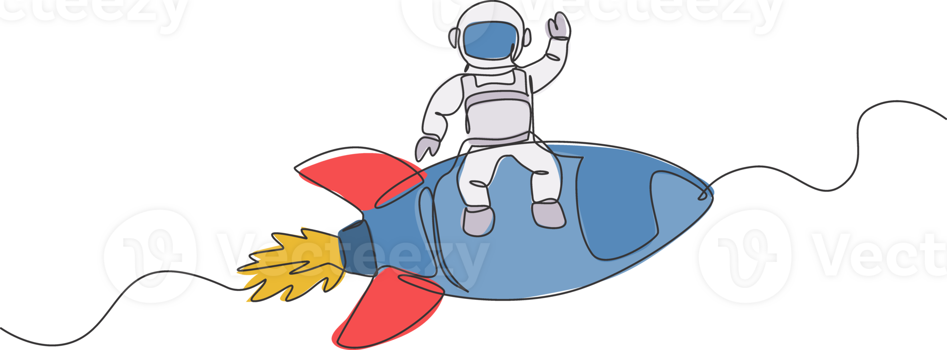 One continuous line drawing of spaceman astronaut waving hand and sit on flying rocket. Cosmonaut exploration of outer space concept. Dynamic single line draw graphic design illustration png