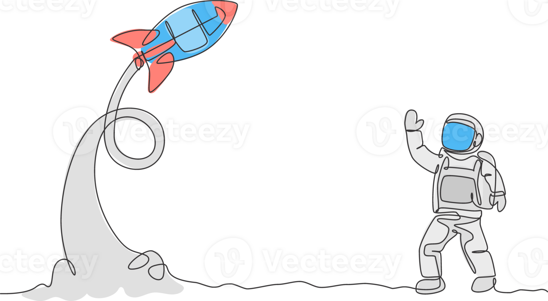 einer kontinuierlich Linie Zeichnung von Raumfahrer Astronaut Wissenschaft beim Mond Land winken Hand zu nehmen aus Rakete. Kosmonaut Erkundung von äußere Raum Konzept. dynamisch Single Linie zeichnen Design Illustration png