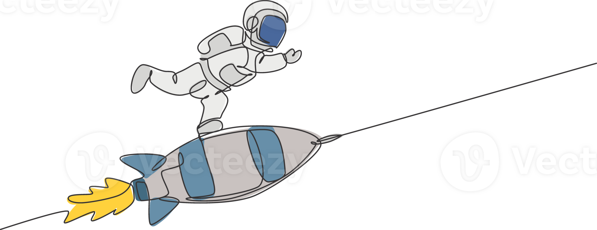 One single line drawing of astronaut in spacesuit floating and discovering deep space while standing at rocket spaceship illustration. Exploring outer space concept. Modern continuous line draw design png