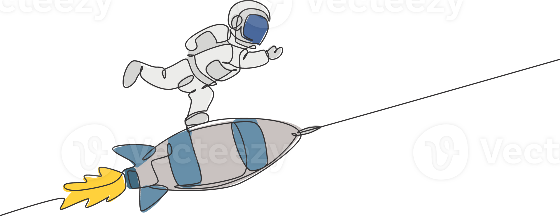 un seul dessin d'astronaute en combinaison spatiale flottant et découvrant l'espace lointain tout en se tenant à l'illustration d'un vaisseau spatial de fusée. explorer le concept de l'espace extra-atmosphérique. conception de dessin de ligne continue moderne png