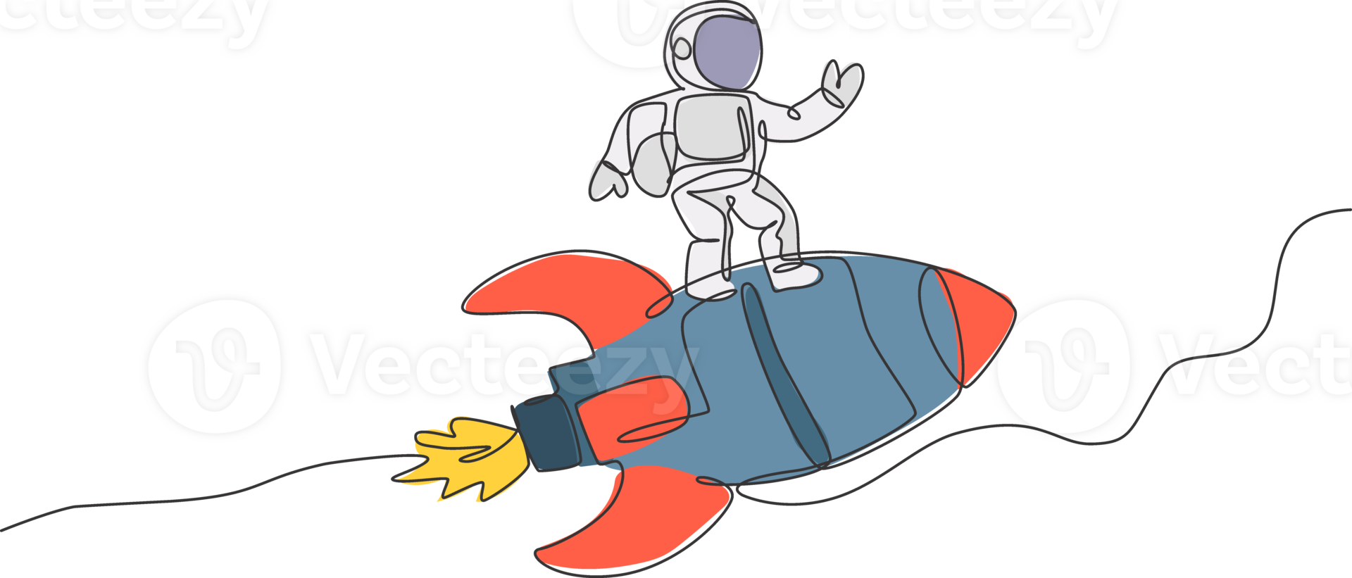un seul dessin d'astronaute en combinaison spatiale volant et découvrant l'espace lointain tout en se tenant sur l'illustration d'un vaisseau spatial de fusée. explorer le concept de l'espace extra-atmosphérique. conception de dessin de ligne continue moderne png