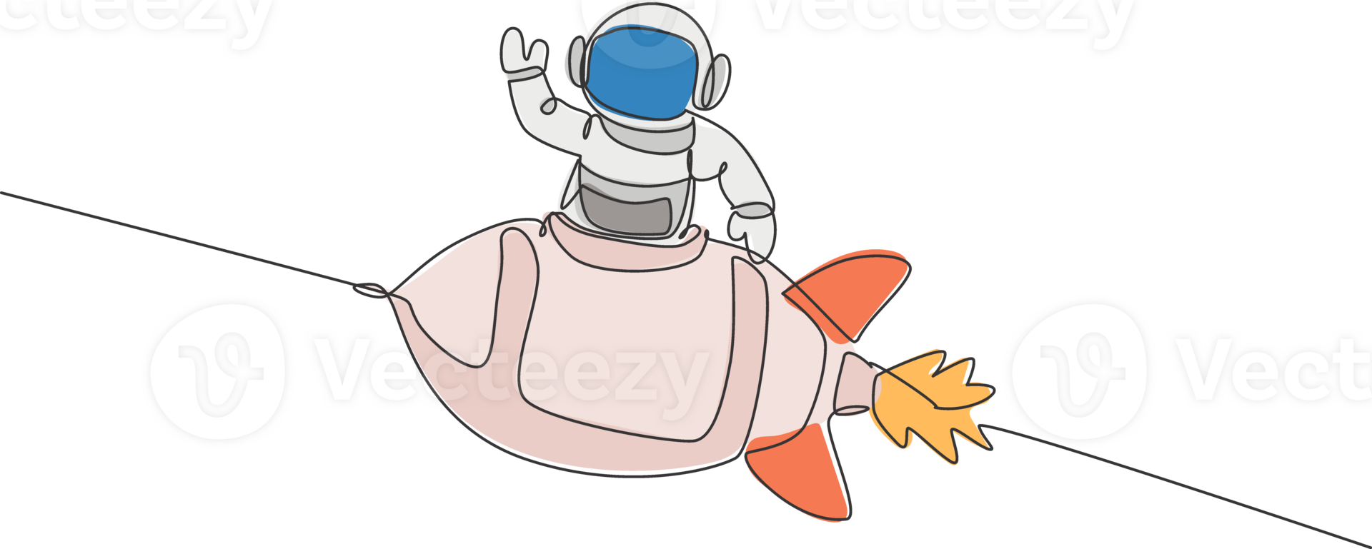One continuous line drawing of spaceman astronaut science discovering cosmos galactic while waving hand from rocket. Exploration of outer space concept. Single line draw design illustration png
