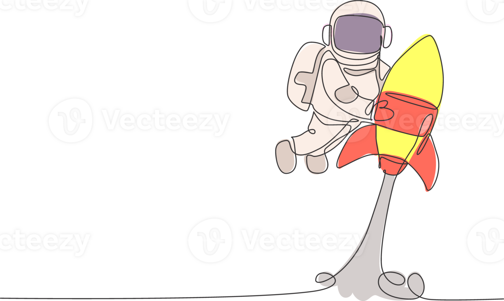 um desenho de uma única linha do astronauta em traje espacial flutuando e descobrindo o espaço profundo enquanto segura a ilustração de uma nave espacial de foguete. explorando o conceito de espaço sideral. design moderno de desenho de linha contínua png