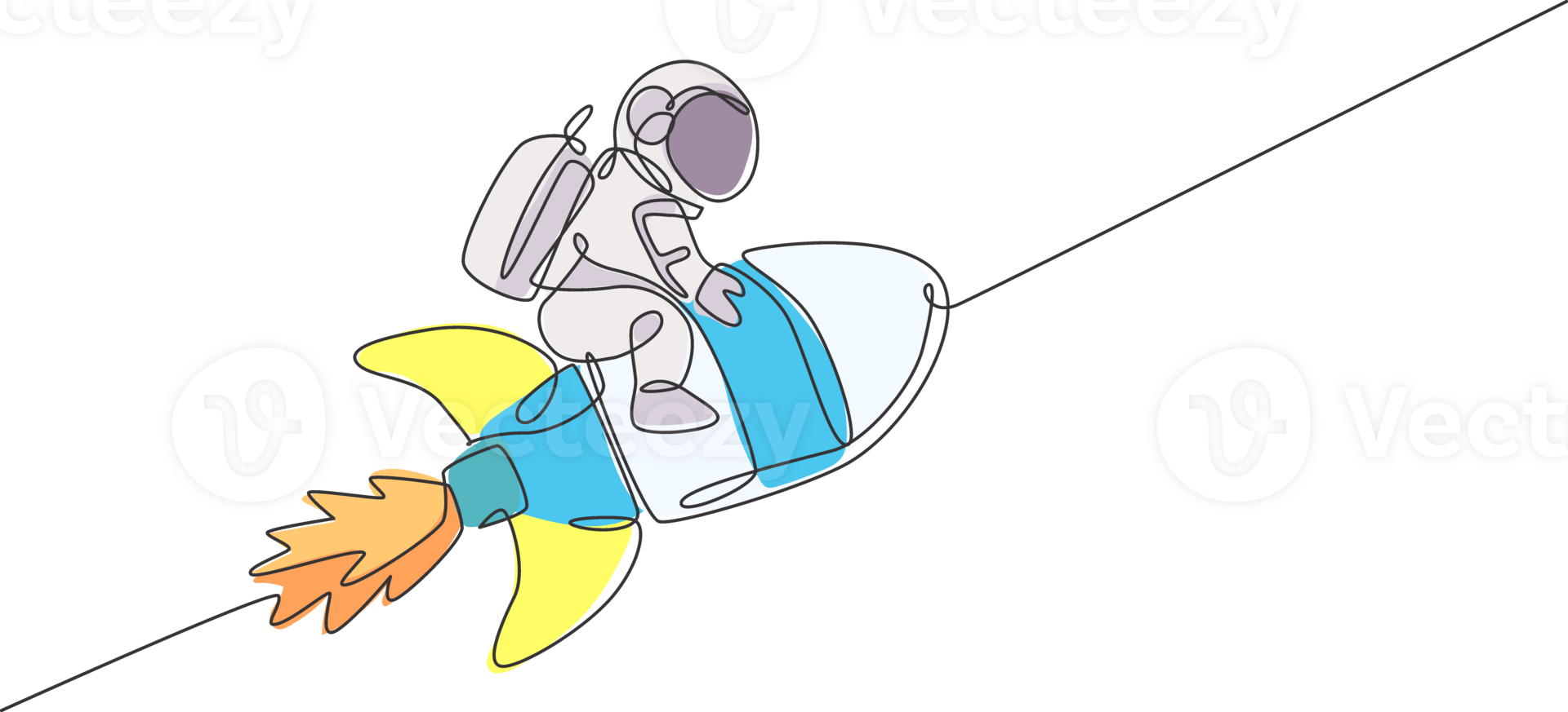 Single continuous line drawing of astronaut in spacesuit flying at outer space while sitting and riding rocket spacecraft. Science astronomy concept. Trendy one line draw design illustration png