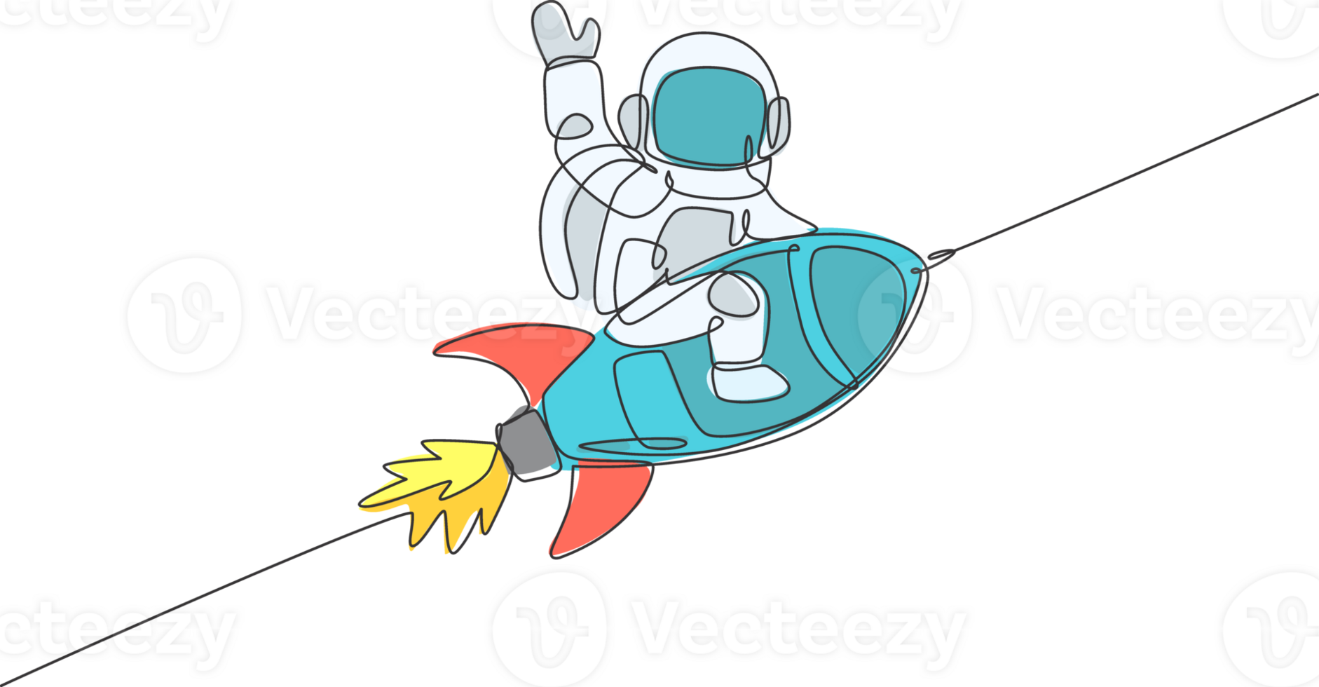 een enkele lijntekening van astronaut in ruimtepak die drijft en diepe ruimte ontdekt terwijl hij op de illustratie van het raketruimteschip zit. het verkennen van het ruimteconcept. modern ononderbroken lijntekeningontwerp png