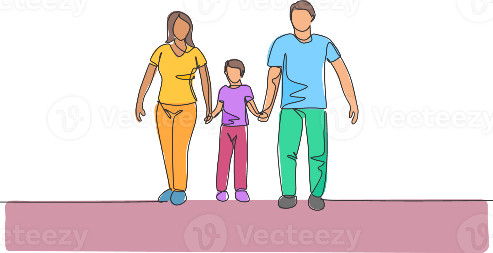 One single line drawing of young happy family mom and dad lead their son walking together holding his hands graphic illustration. Parenting education concept. Modern continuous line draw design png