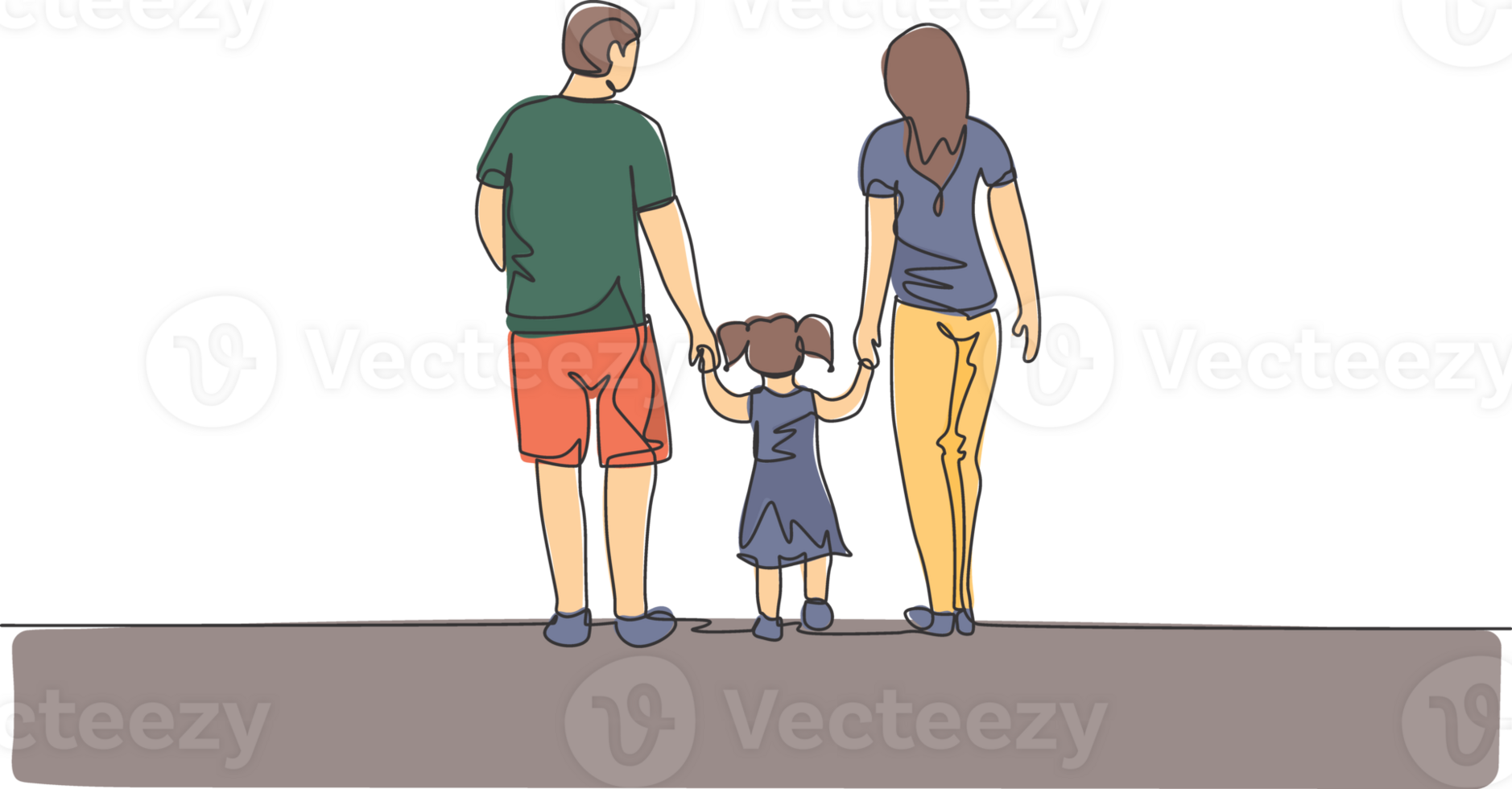Single continuous line drawing of happy young father and mother lead their daughter walking together, holding her hands. Happy family concept. Trendy one line draw design graphic illustration png