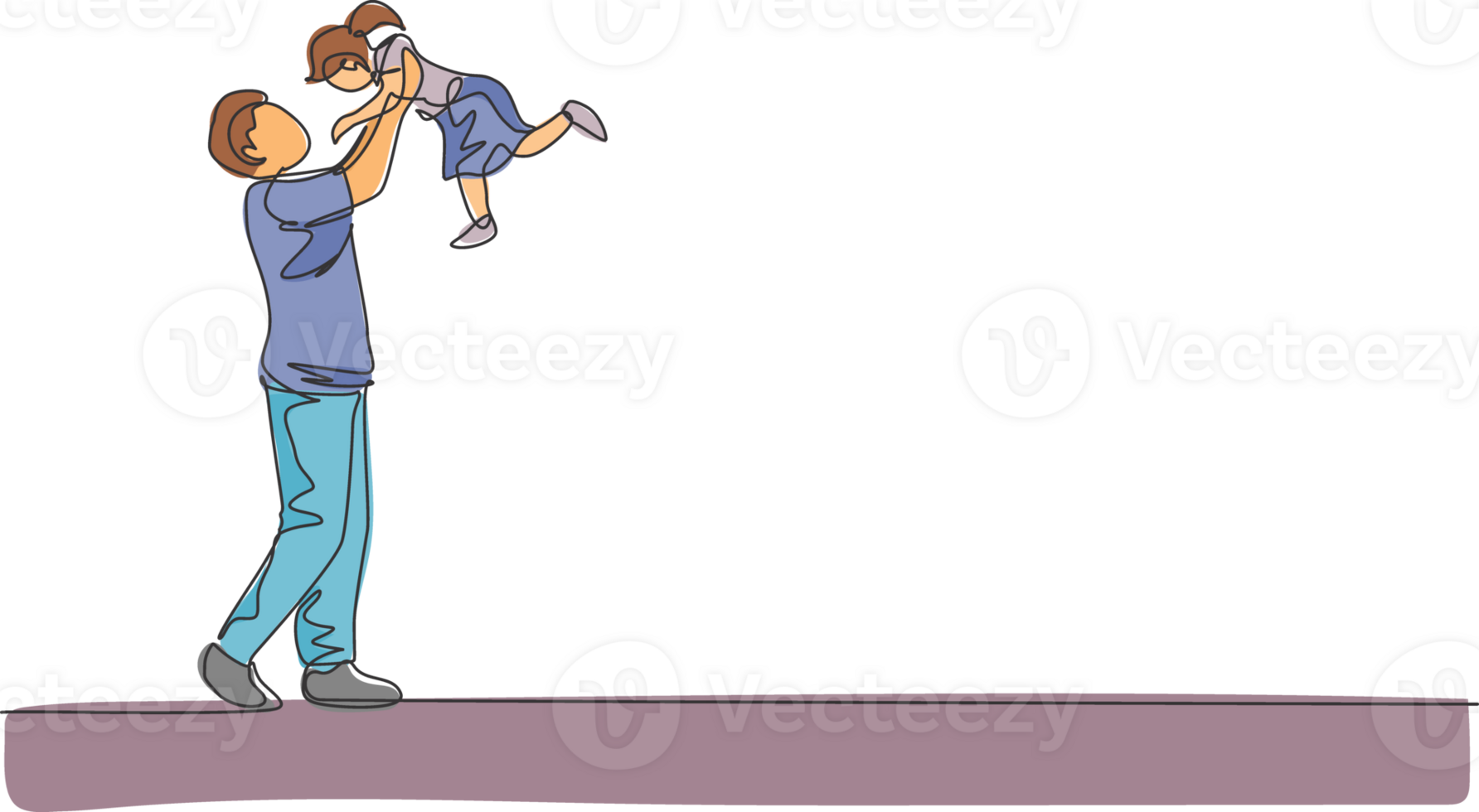One continuous line drawing of young happy father raising his daughter up in the air, family play together. Happy loving parenting family concept. Dynamic single line draw design illustration png